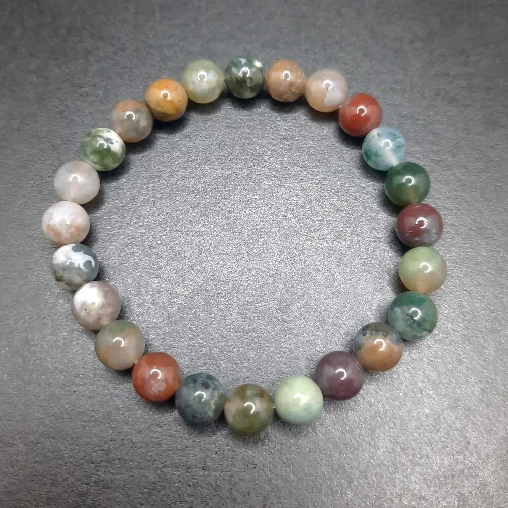 Indian Agate Beaded Bracelet Artisan Gemstone 8mm Stretch Stackable Boho Earthy